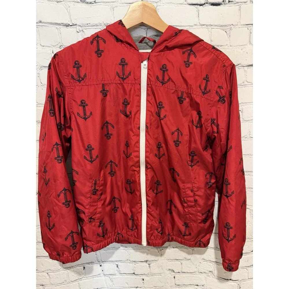 Boy's Gymboree red Light weight full zipper Jacket w/ blue Anchors Large 10-12